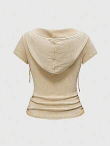 ROMWE Grunge Punk Y2K 涩谷女孩千禧复古做旧水洗雪白色修身连帽T恤女款 - 卡其色 - 查看 2