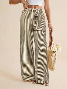 SHEIN Tall Calças listradas femininas com ajuste solto e cordão Calças listradas Calças listradas de perna larga Calças de perna larga Calças femininas de perna larga Calças de verão, outono