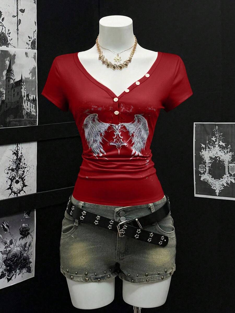 SHEIN Unity Camiseta de mujer con cuello en V transparente, estampada, de manga corta y con botones parciales - Multicolor - Ver 1