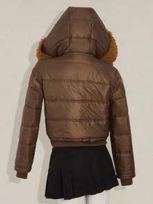 SHEIN ICON 女式保暖拉链连帽加厚毛边外套，冬季 - 棕色 - 查看 2