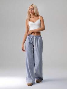 TRNVIE Quần ống đứng cạp trễ rút dây 100% cotton màu hồng, đồ mặc nhà thời trang dành cho nữ, mùa xuân - Màu xanh hải quân - Xem 5