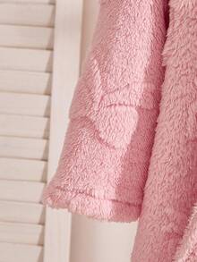 女童休闲可爱蝴蝶结领保暖羊毛纽扣夹克，适合秋冬季家居和日常穿着 - 粉色 - 查看 3