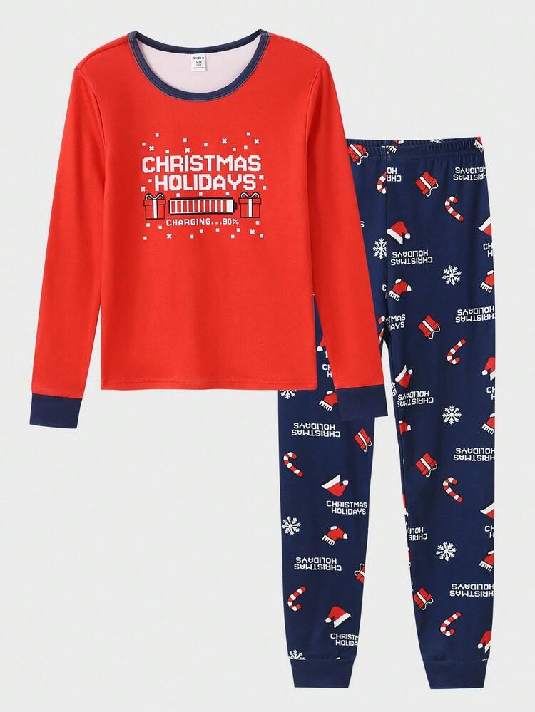 2 件套男童舒适简约日常和圣诞节图案印花圆领长袖上衣和全身印花裤睡衣套装 - 紅色 - 查看 5