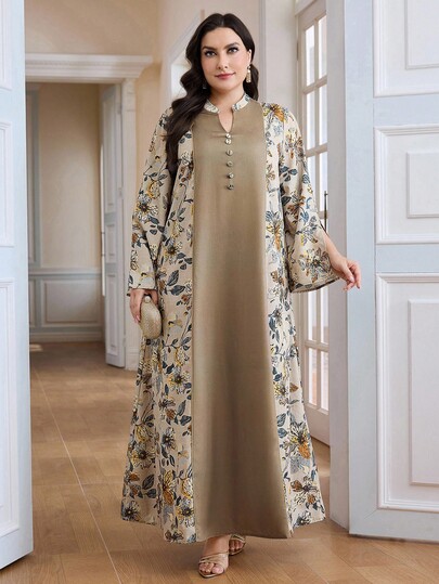 Al Najma 大码女式花卉印花缺口领优雅长袖阿拉伯风长裙