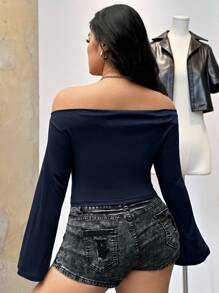 SHEIN EZwear 大码女式纯色不对称下摆长袖露肩上衣 - 藏蓝色 - 查看 2