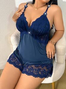 SHEIN Plus Size Lace Patchwork Elastic Knit Sexy Backless Camisole & Shorts Pajama Set Navy Lingerie Set Lace Lingerie Set Plus Size Lingerie Set Satin Lingerie Set