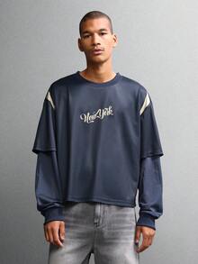SUMWON Áo bóng đá tay dài hai lớp Boxy Fit New York in họa tiết áo phông xanh navy phong cách retro đô thị thường ngày dạo phố mùa thu đông nhiều lớp - Màu xanh lam - Xem 6