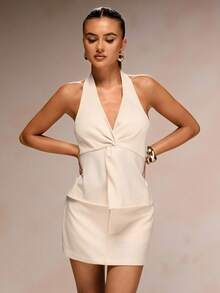 SHEIN BAE 1 Set Crop Top Halter Monocolore con Schiena Annodata e Mini Gonna - Bianco - Visualizzare 6