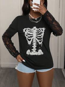 EMERY ROSE Women's Lace Patchwork Long Sleeve Skeleton Print Round Neck Fashion T-Shirt - Black - View 6