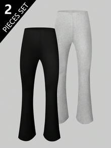 2pcs/Set Teen Girl Basic Solid Color Flared Leggings Chic For Autumn/Winter - Multicolor - View 3
