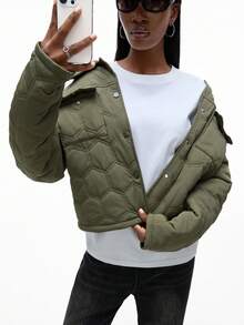 Aveloria GENKIRA Shirt Collar Casual Jacket, Fashion Pocket Padded Coat, Lightweight Outerwear Fall Winter Cloth For Women - Army Green - View 1