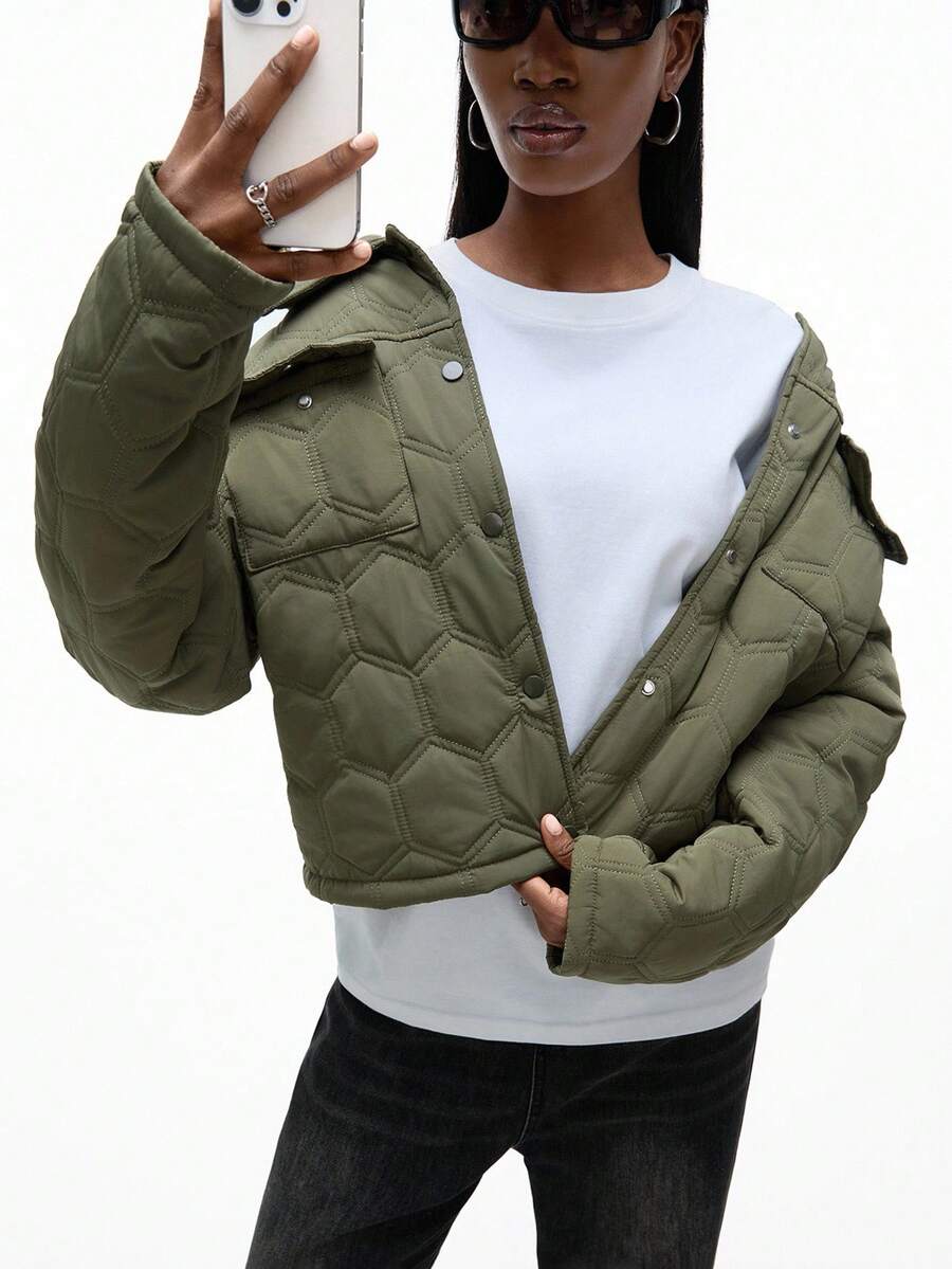Aveloria GENKIRA Shirt Collar Casual Jacket, Fashion Pocket Padded Coat, Lightweight Outerwear Fall Winter Cloth For Women - Army Green - View 1