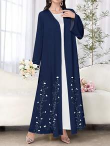 SHEIN Najma Women's Floral Print Navy Blue Long Sleeve Casual Arabic Abaya Robe, Spring/Autumn - Multicolor - View 3