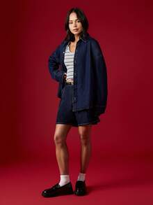 MISSGUIDED 超大码牛仔衬衫纽扣长袖经典牛仔夹克秋冬时尚休闲街头潮流深色水洗女式基本款翻领上衣 - 藏蓝色 - 查看 3