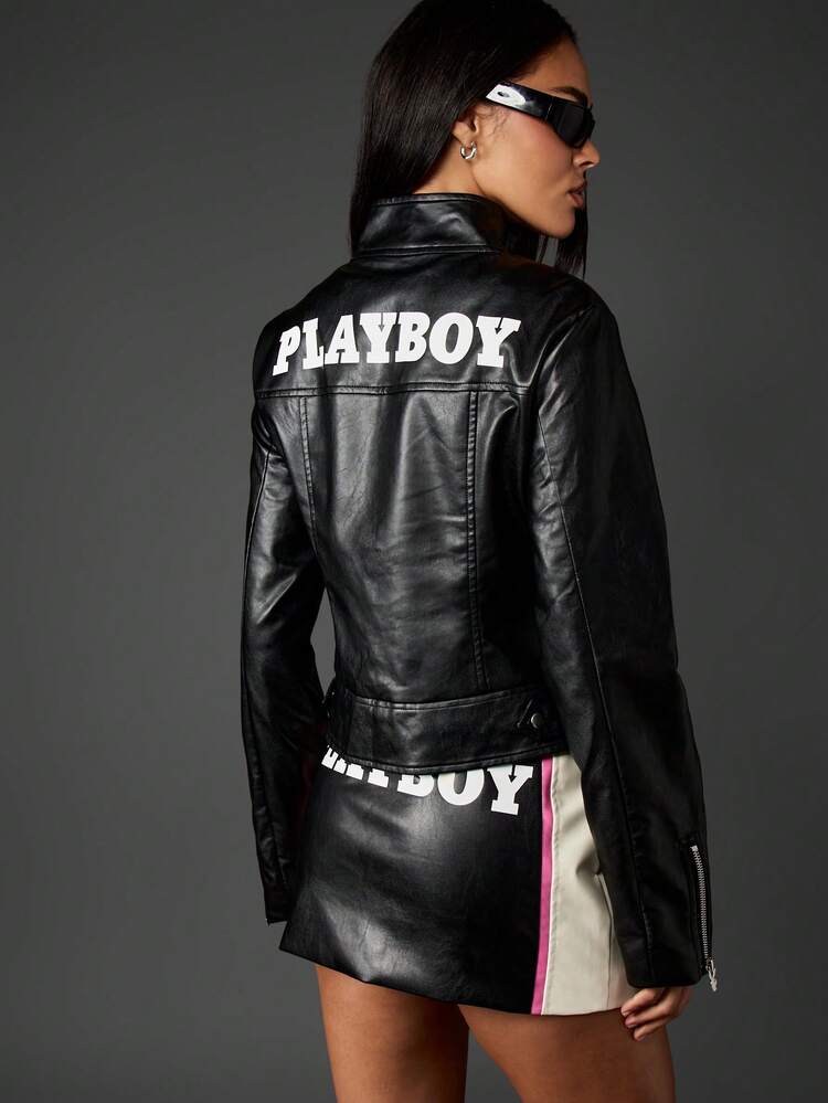 Missguided x Playboy レーシングモーターバイクジャケット Y2Kファッション フェイクレザー ストリートウェア レーシングジップアップクロップボンバー レトロ90年代スタイル