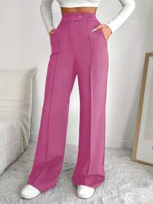 EURMUSE Women's Solid Color Seam Front Pocket Elegant Dress Pants - Pink - View 7
