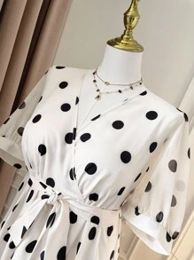 Celure Vestido midi casual plus size feminino, elegante, decote em V, manga curta, franzido, bolinhas, para uso diário e de férias, adequado para várias ocasiões