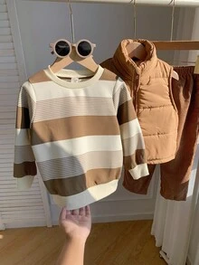 SHEIN Conjunto de 3 piezas para niños pequeños de otoño/invierno que incluye: chaleco acolchado versátil y casual, sudadera a rayas y pantalón largo. Conjunto de pantalón de pana para niños pequeños, conjunto de pana para niños en otoño. - Multicolor - Ver 7