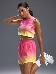 Powerista Women Ombre Color Round Neck Tank Top And Shorts Sports Set Workout Sets - Pink - View 4