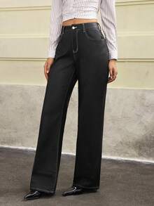 Jeanoix 女士时尚休闲街头十字绣Y2K PU裤 - 黑色 - 查看 5