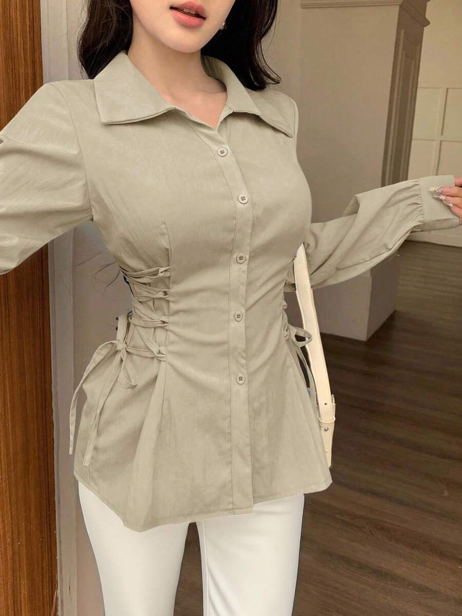 Modelyn 女士纯色前扣系带领抽绳时尚衬衫