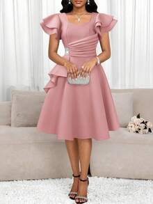 SHEIN Lady Women's Solid Color Sweetheart Neck Ruffle Sleeve Elegant Rhinestone Waist Dress - Pink - View 5