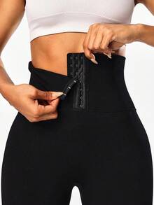 SHEIN Sports 女式纯色简约高腰纽扣紧身裤，女式无缝高腰紧身裤，收腹紧身裤，压缩紧身裤瑜伽裤 - 黑色 - 查看 4