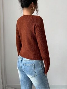 Elenzga Women's Loose V-Neck Wrap Front Sweater - Rust Brown - View 2