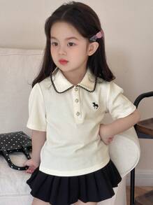 Dazy Kids 少女马匹印花 Polo 领短袖休闲 T 恤，女孩夏季服装