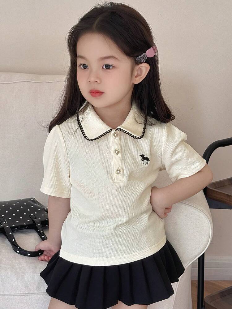 Young Girl Embroidery Detail Polo Collar Short Sleeve Casual T-Shirt, Summer