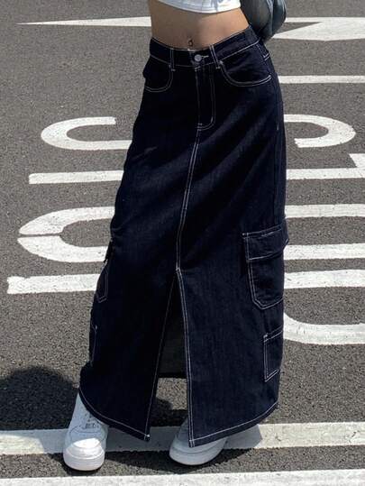 DAZY Women's Pocket Design Split Color Contrast Stitching Decor Urban Casual Street Wear Long Denim Skirt