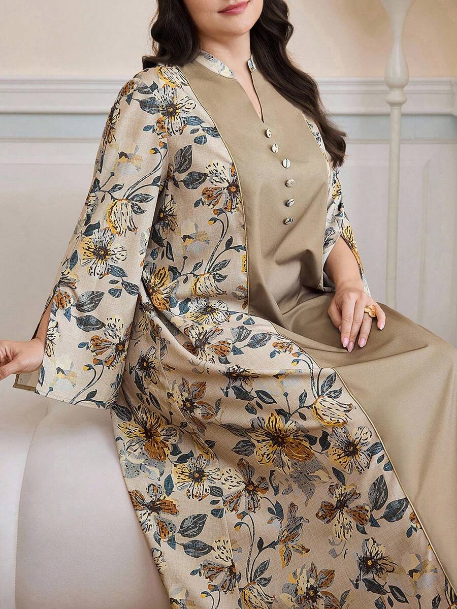 Al Najma 大码女式花卉印花缺口领优雅长袖阿拉伯风长裙