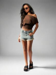 MISSGUIDED Casual Off Shoulder Dolman Sleeve Crop Top Draped Loose Fit Knit Blouse Festival Autumn Fashion Trendsetter Streetwear Versatile Day Night - Mocha Brown - View 4