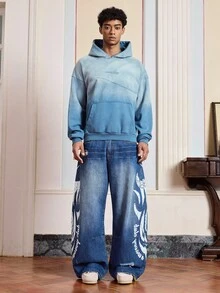 SWAVVY Men's Loose Fit Thermal Lined Long Sleeve Gradient Embroidered Hoodie Sweatshirt, Vintage Y2K Baggy Streetwear, For Fall Winter, Holiday - Blue - View 7
