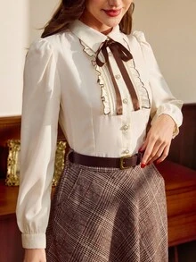 SHEIN DECDS 女士复古优雅撞色滚边蝴蝶结纽扣休闲衬衫，适合工作、度假、秋冬季节穿着的优雅衬衫 - 米色 - 查看 6