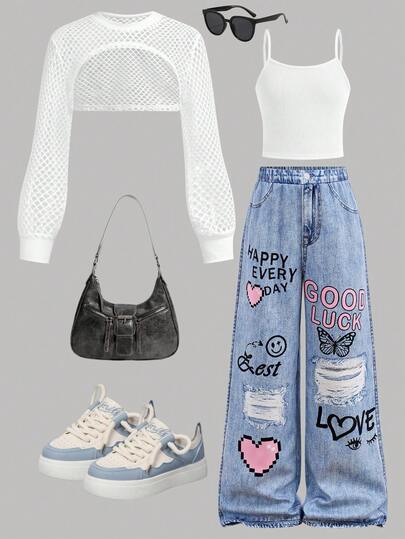 Conjunto de 3 piezas de estilo urbano suelto para niña preadolescente: pantalón pitillo, camiseta de tirantes y top con capucha de manga larga con paneles de malla, ropa de calle de moda