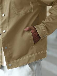 Manfinity Homme Men's Casual Fashion Contrast Stitch Flap Pocket Utility Jacket, Spring/Autumn - Khaki - View 7