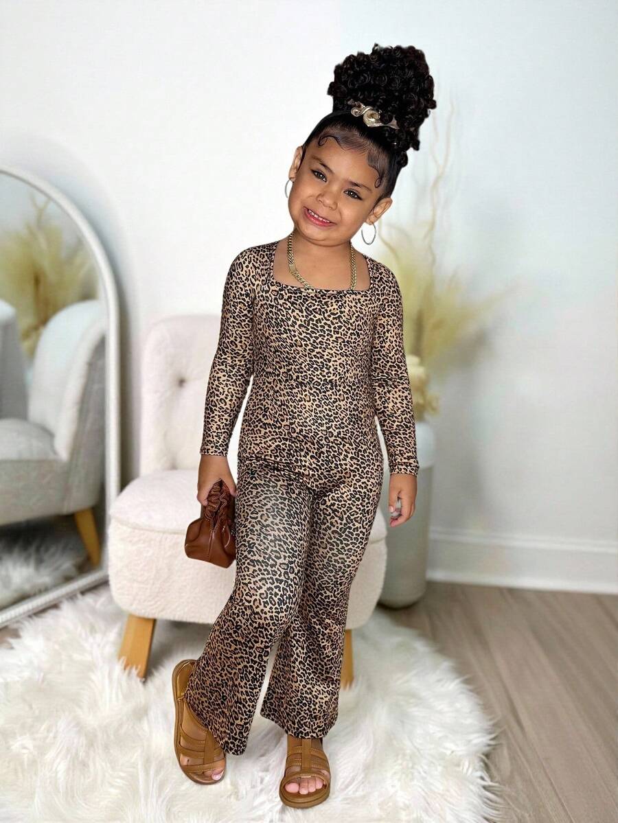 Young Girl Leopard Print Long Sleeve Tight-Fitting Flared Pants Jumpsuit, Autumn/Winter Outfit Fall - Multicolor - View 1