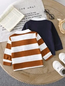 SHEIN 2 件装男婴休闲条纹撞色 Polo 领长袖 T 恤，适合所有季节，春秋季，适合户外玩耍或日常穿着 - 寶藍色 - 查看 2