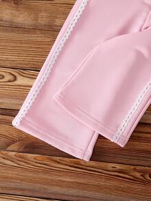 2 件女婴甜美可爱蝴蝶结拼接圆领荷叶边长袖上衣和阔腿裤卫衣套装，舒适休闲，春秋 - 淺粉色 - 查看 3