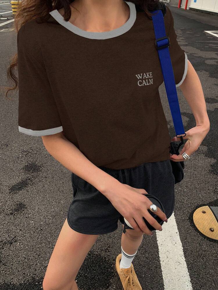 Color Block Letter Print Round Neck Casual Short Sleeve T-Shirt For Women