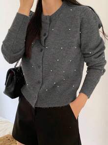 DAZY 女士纯色长袖休闲串珠短款开衫，秋季亮片 - 灰色 - 查看 7