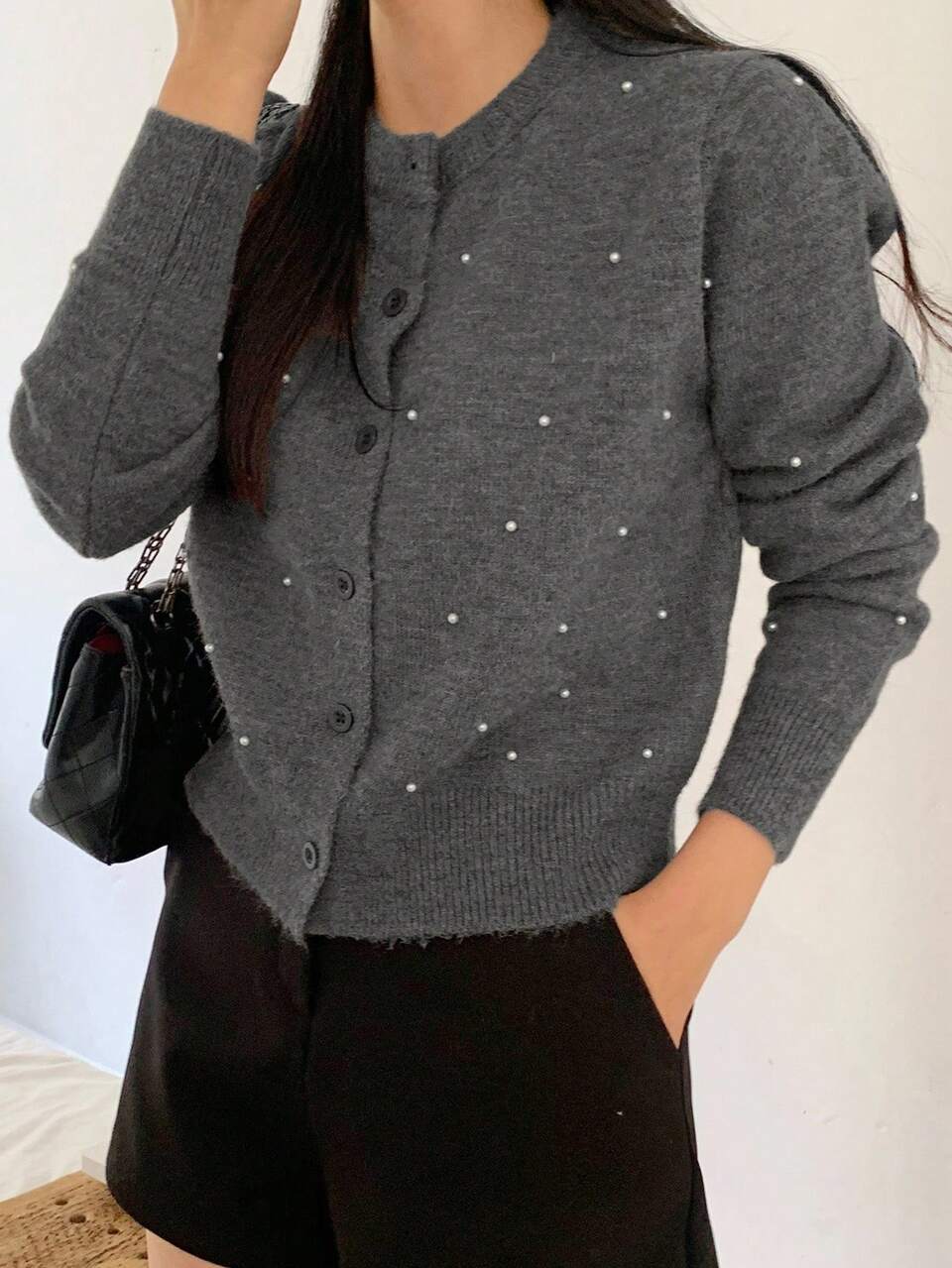 Women's Solid Color Long Sleeve Casual Beaded Short Cardigan, Autumn Sequin