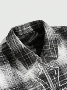 ROMWE MEN Street Life Sobretudo xadrez curto bordado cruzado masculino, corte solto, outono inverno - Preto e Branco - Ver 9