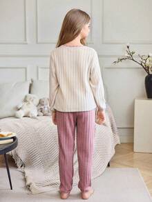 SHEIN Girls Embroidered Heart Pajama Set, Sweet Home Outfit For Autumn/Winter - Pink - View 3