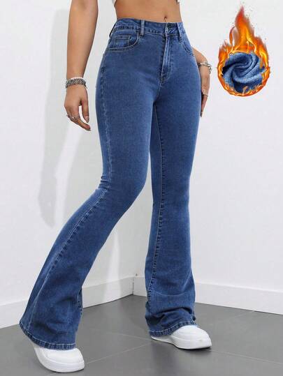 SHEIN ICON 女式口袋喇叭休闲牛仔裤，带保暖衬里