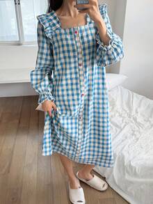 DAZY 可爱格子荷叶边方领长款女式睡袍，秋季睡衣 - 藍色 - 查看 6