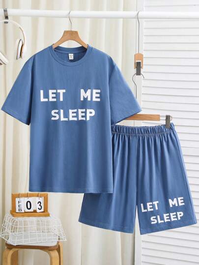 SHEIN Conjunto de pijama casual de 2 piezas para adolescentes varones, con estampado gráfico de letras en camiseta de cuello redondo de manga corta y pantalones cortos