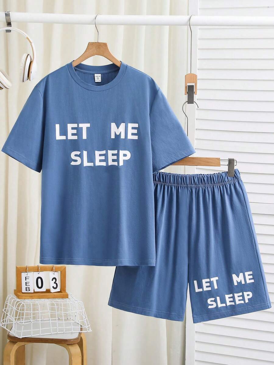 SHEIN Conjunto de Pijama Adolescente Masculino 2 Peças Casual com Estampa de Letra Gráfica, Top de Manga Curta de Gola Careca e Shorts