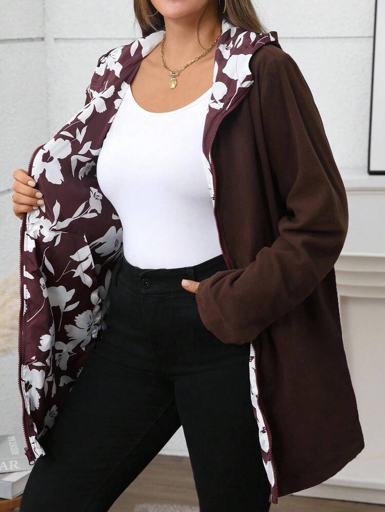 Plus Size Women Autumn Casual Zip-Up Contrast Burgundy Floral Print And Brown Fuzzy Inside Thickened And Warm Long Sleeve Pockets Casual Hooded Reversible Double Sided Trench Coat,Autumn/Winter,Fall,Winter,Vintage,Going Out,Fall,Winter, 2025 New Reversible Floral Print Trench Coat